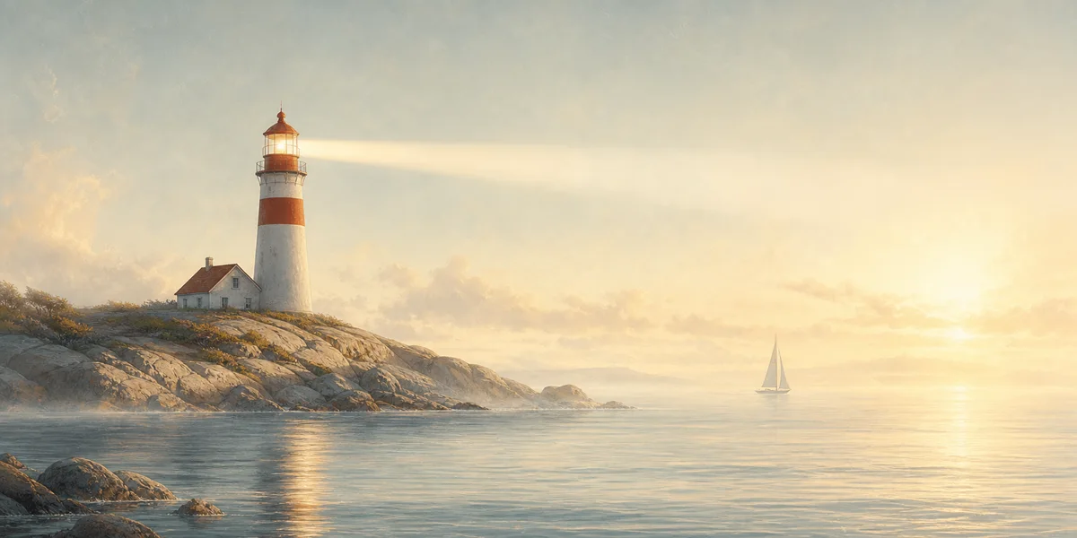 Ein Leuchtturm weist über ruhigem Wasser den Weg