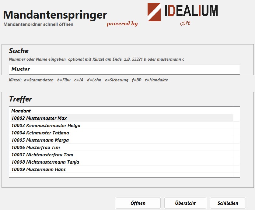 Screenshot des Mandantenspringers