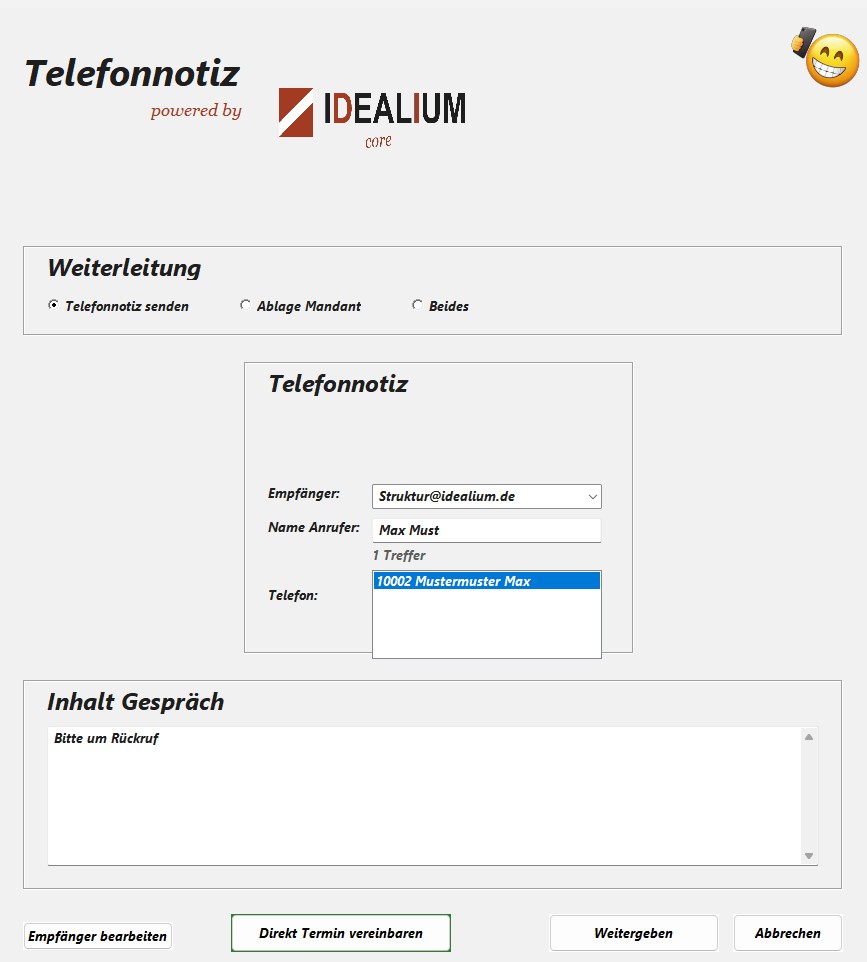 Screenshot des Werkzeugs Telefonnotiz