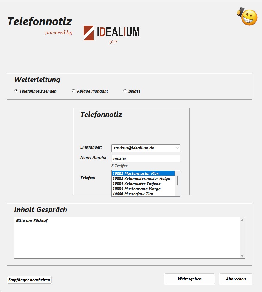 Eingabemaske der Telefon- und Aktennotiz